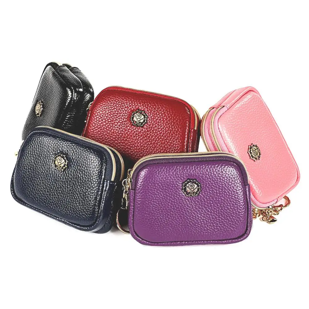 Fashion Genuine Leather Women Coin Purse Double Zipper Small Purse Wallet