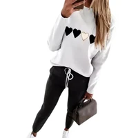 simple drawstring two piece heart print beads decor sweatshirt elastic waist pants set casual outfit sport suit