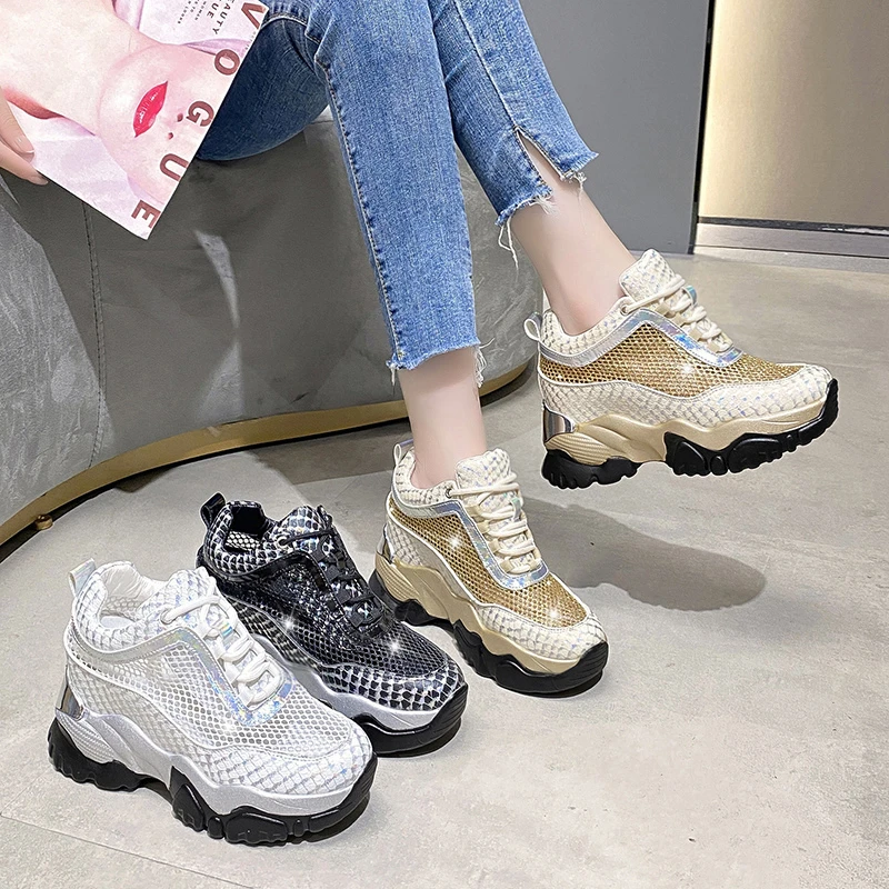 

Summer Breathable Chunky Sneakers for Women 2021 Spring Gold Silver Mesh Woman Platform Vulcanize Shoes Thick Bottom Sandals 5cm