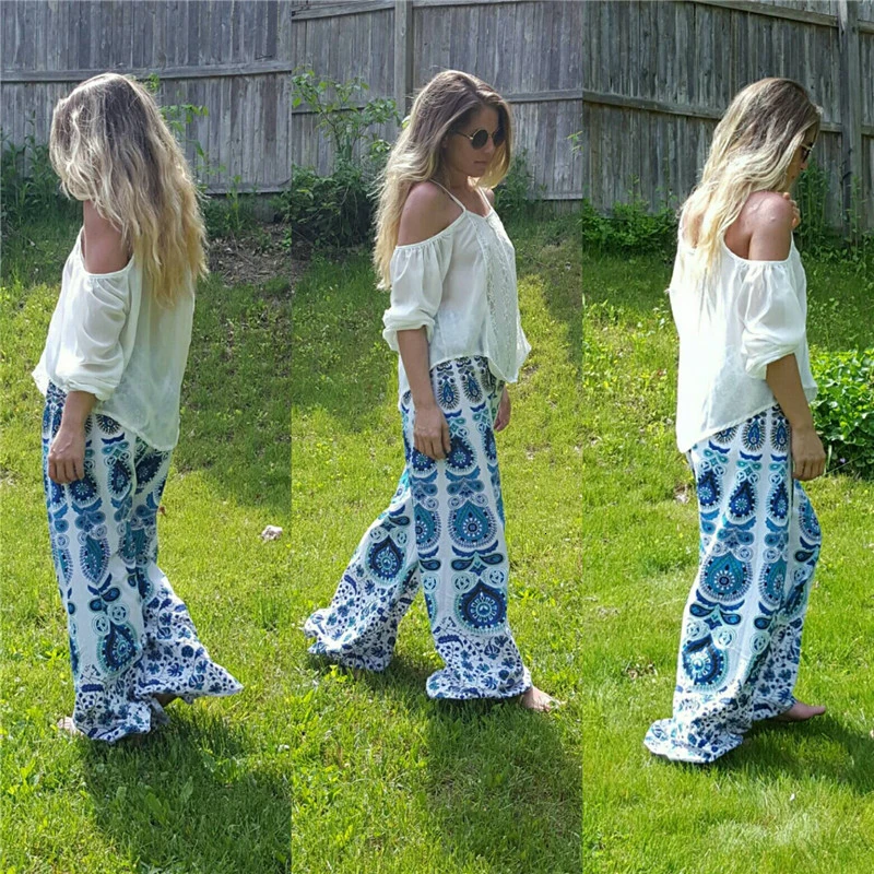 Брюки женские в этническом стиле свободные штаны с широкими штанинами и