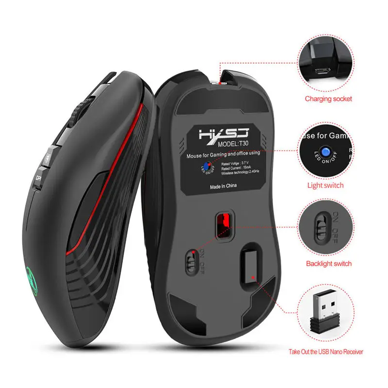 Hxsj T30 Беспроводная игровая мышь 3600 точек/дюйм перезаряжаемая 7 цветов подсветка