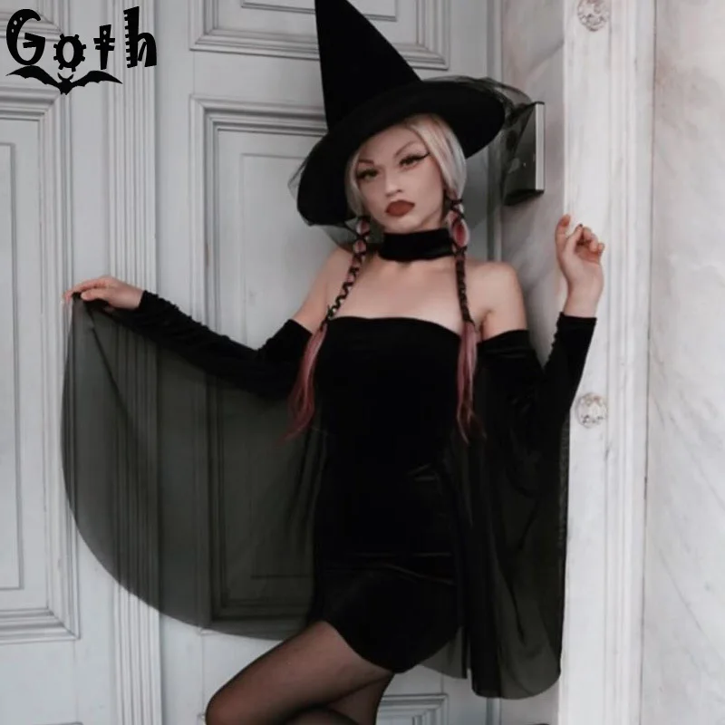 Женское мини-платье с открытыми плечами Goth черное винтажное облегающее платье