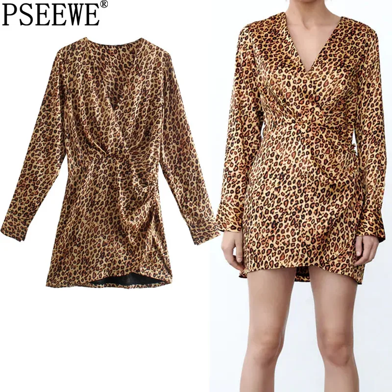 

Платье PSEEWE Za атласное с леопардовым принтом, женские винтажные короткие платья для женщин, элегантное мини-платье с длинным рукавом, Осенни...