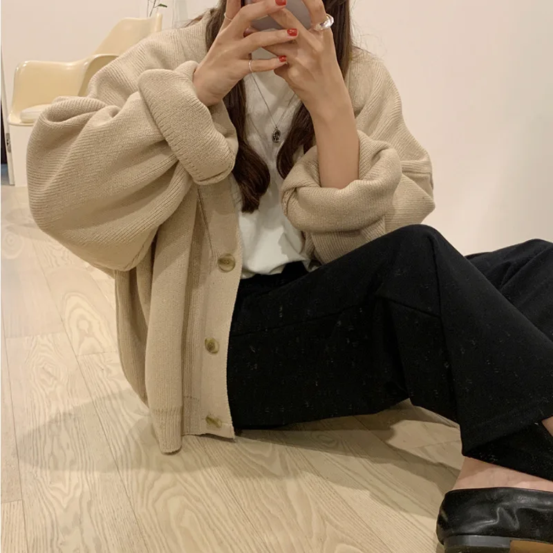 

New Autumn Winter Women Black Sweaters V-Neck Buttons Cardigans Oversize Fashionable Korean Lady Casual Loose Knitwears