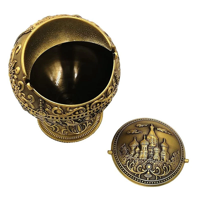 

Ash Bowl with Cover Creative Personality Metal Spherical Castle Pattern Globe Decoration Household Smoke Cylinder