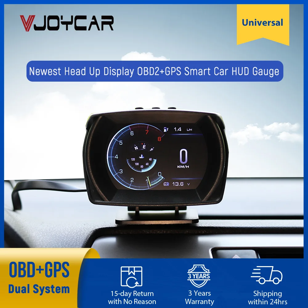 $64.22 Vjoycar V62 2022 Newest Head Up Display Auto Display OBD2+GPS Smart Car HUD Gauge Security Alarm Water&Oil Temp. CVT. RPM Turbo
