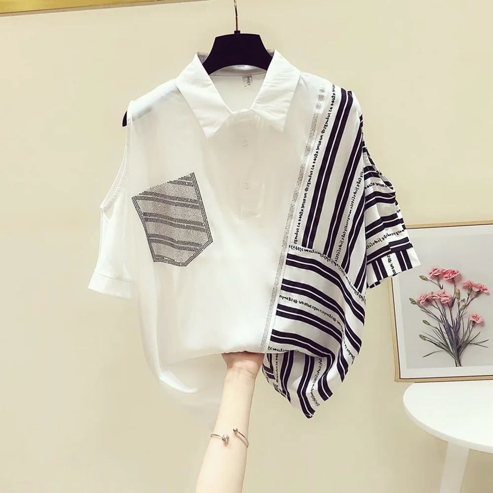 

New European hot drilling striped stitching shirt women's 2021 summer new strapless shirt design sense niche top sheines shop