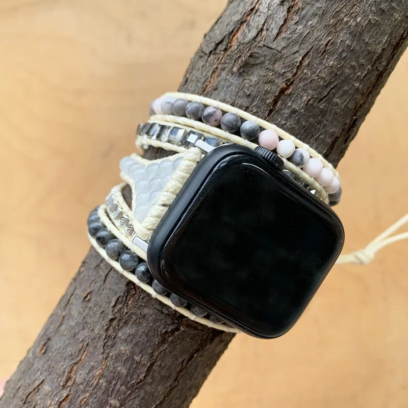 OAIITE New Fashion Apple Watch Band Black Spectrolite Stone Wrap Bracelets Wax Rope Bracelet Gift for Women Girl Friend Dropship
