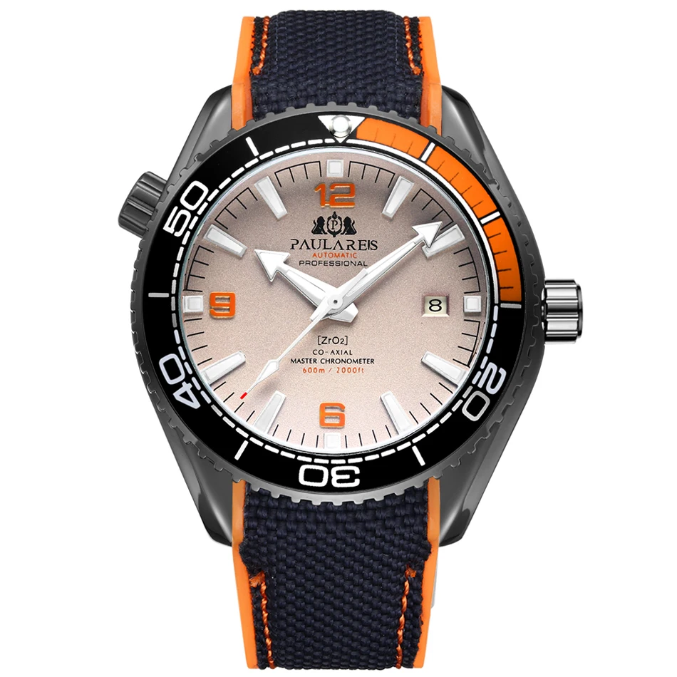 Black Orange Grey Мужские автоматические механические холщовые часы с резиновым ремешком James Bond 007, стильные оранжевые, синие, красные классические часы с вращающейся рамкой - Цвет: Black Orange Grey