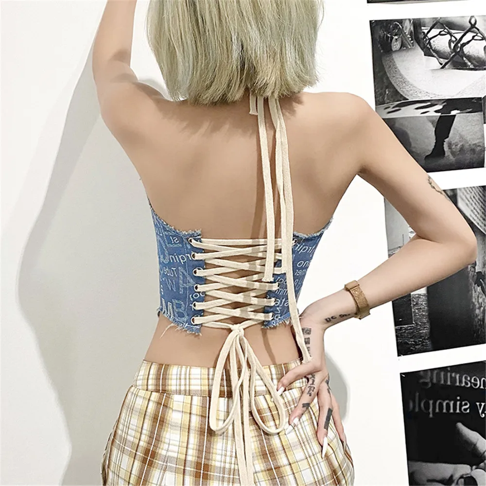 

Summer Women Hollow Out Tie-Up Sleeveless Crop Tops Sexy Blue Neck-Mounted Backless Printted Camis 2021 Harajuku Tanks