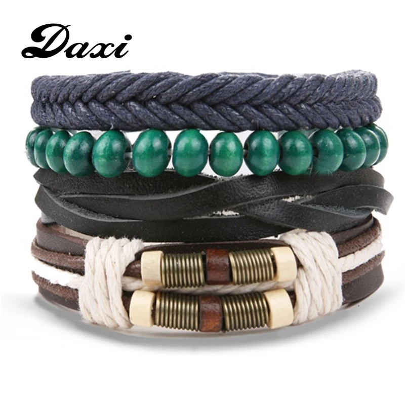 DAXI старинные зеленые бусы браслеты мульти-Слои кожаный браслет мужские