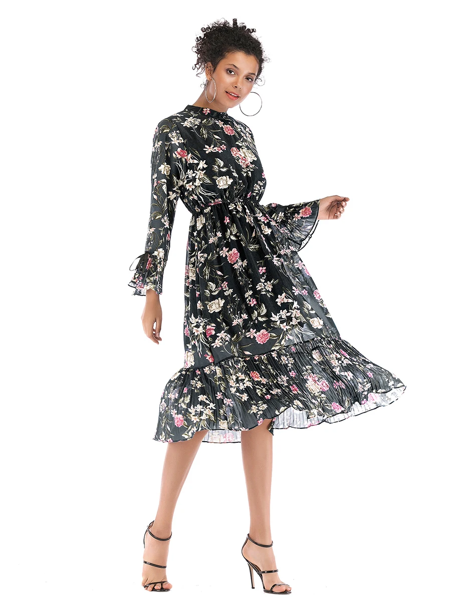 Женское осенне-зимнее длинное платье повседневное модное с круглым вырезом и