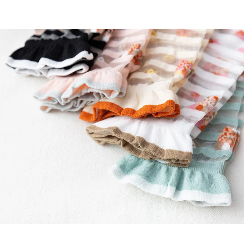 

1Pair Flower Print Women Cute Socks Lace Ruffles Frilly Edge Flower Print Socks Summer Female Breathable Cotton Sock