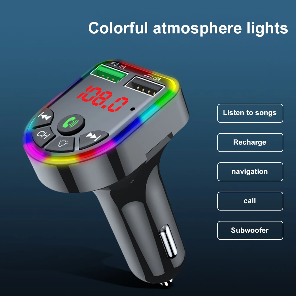 

Car Electronic 5.0 FM Transmitter Modulator MP3 Player Audio Receiver Dual 3.1A USB Fast Charging with Mic Colorful LED Lights