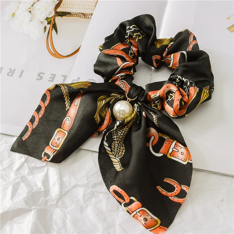 Chain Red Black Модные резинки для волос из шифона с шелковым бантом для женщин, жемчужный конский хвост, резинка для волос, резинки, аксессуары для волос, головные уборы - Цвет: Chain Red Black