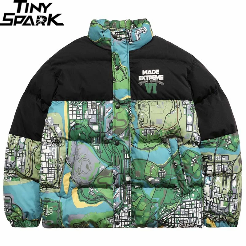 

Hip Hop Streetwear Parka Jacket Down Outear Color Block Patchwork Embroidery Padded Jacket 2021 Men Harajuku Coat Jacket Winter