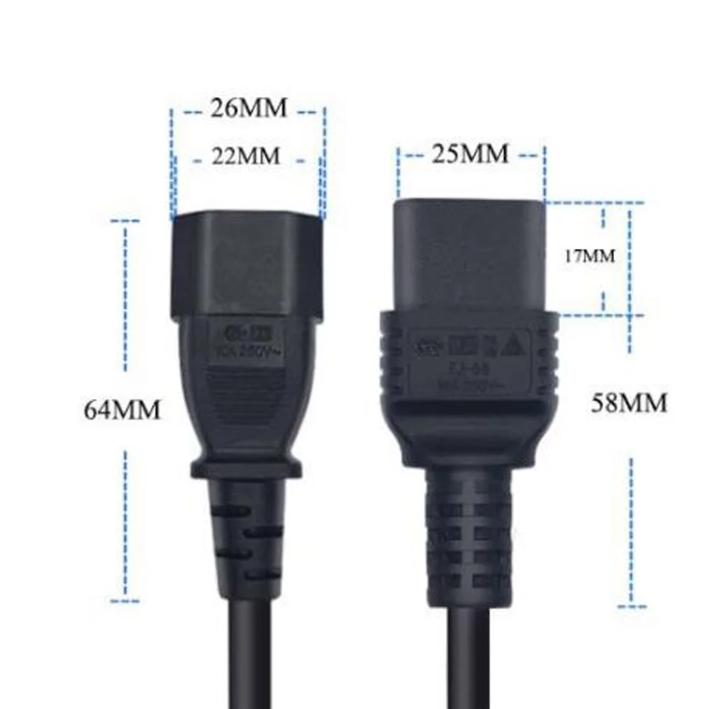 Black 1.0M 2.0M 3.0M PVC Copper IEC320 C13 C14 C15 C19 C20 extension power cord 10A / 16A charging cable usb c