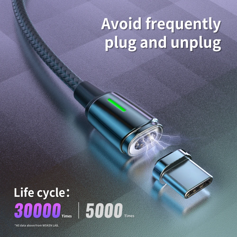 WSKEN Magnetic Charge Type C Cable for XR Xs Max 11 Pro Fast Charger For Samsung S10 S20 USB Cable LED Micro USB C Cable  Mini 3