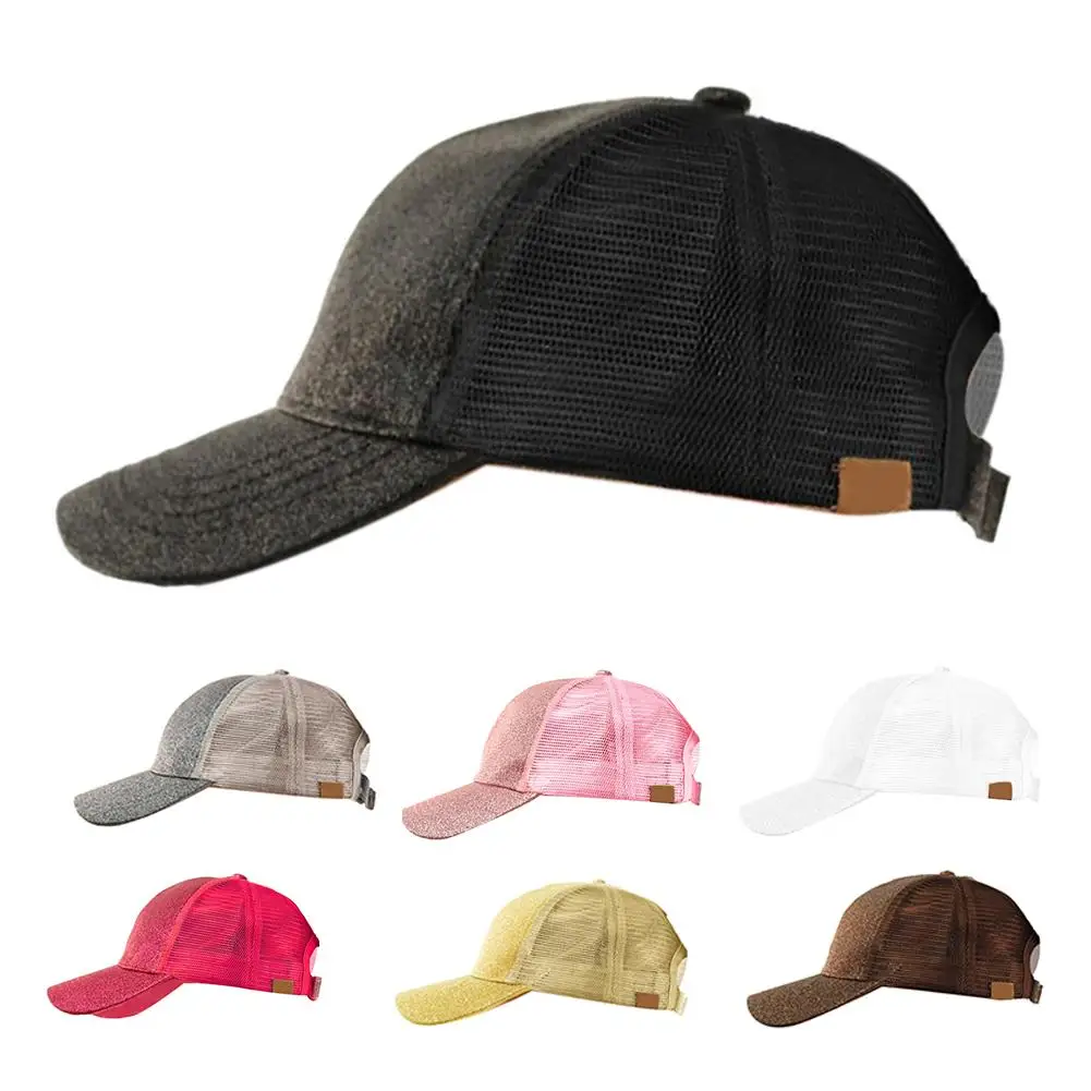 

Модная женская кепка с защитой от солнца, блестящая сетчатая Регулируемая шапка с отверстием для хвоста, хлопковая бейсболка, уличная Класс...