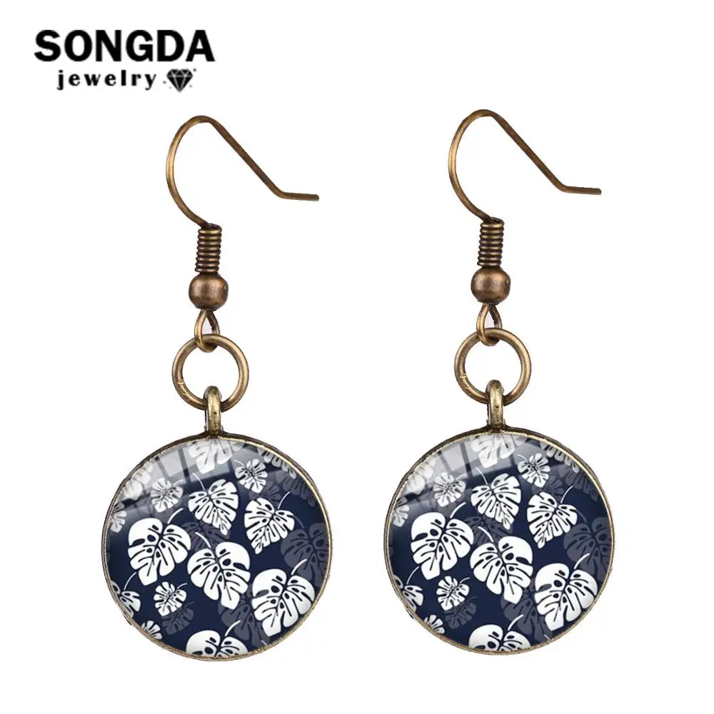 

SONGDA Fashion Tropical Leaf Earrings for Women Accessories Ancient Bronze Plated Mini Palm Printed Glass Cabochon Drop Earrings