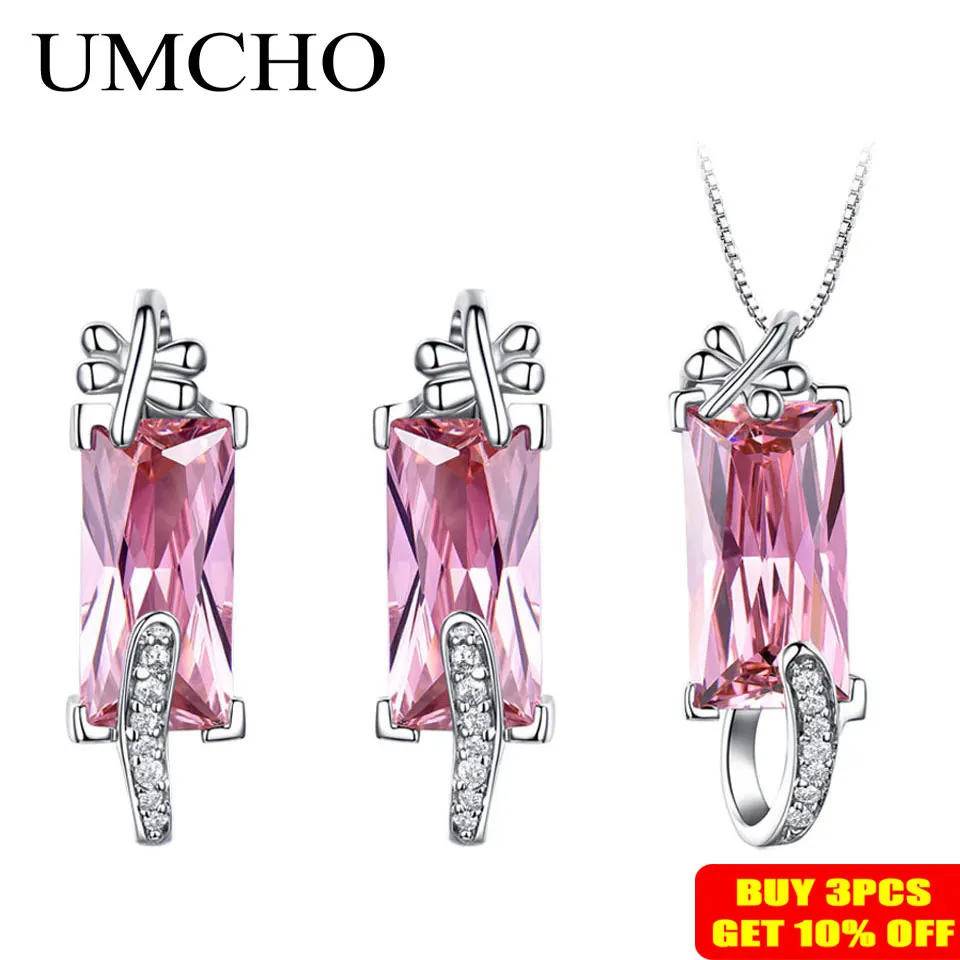 UMCHO чистый 925 пробы серебряные Ювелирные наборы розовый камень бабочка ожерелье серьги гвоздики для женщин Свадебные обручальные ювелирные изделия