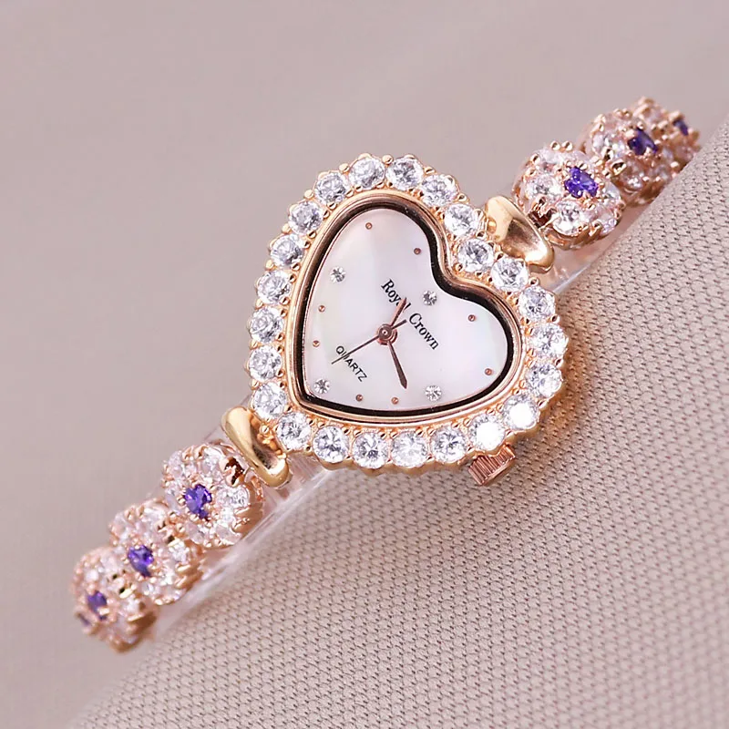 Rose Gold Purple B21 Роскошные ювелирные изделия из кристаллов, женские часы, модные часы в форме сердца, платье, браслет, часы, стразы, подарок для девочки, Королевская корона, коробка - Цвет: Rose Gold Purple B21