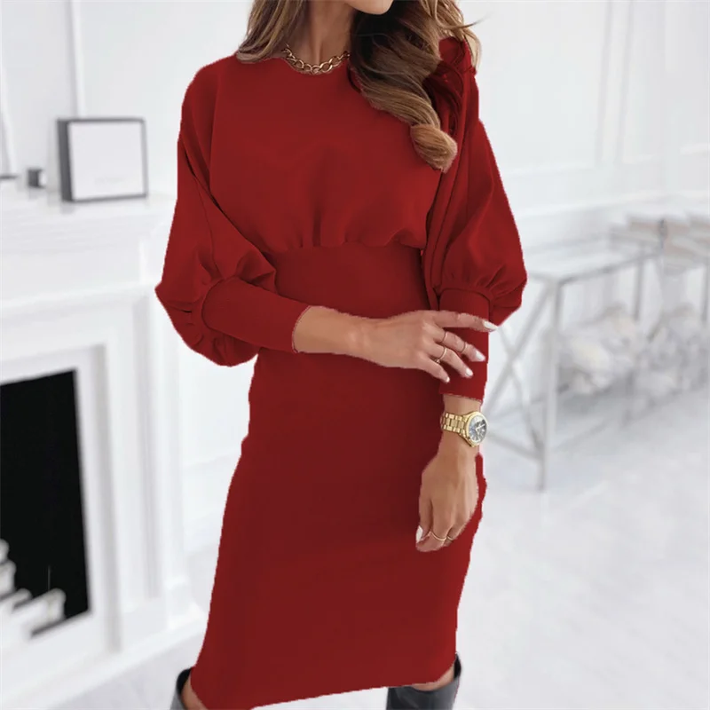 

Dress Sexy O Neck Tunic High Waist Long Sleeve Spring Ladies Pink Black Bodycon Fashion Skinny Party Club Midi Dress 2022 New