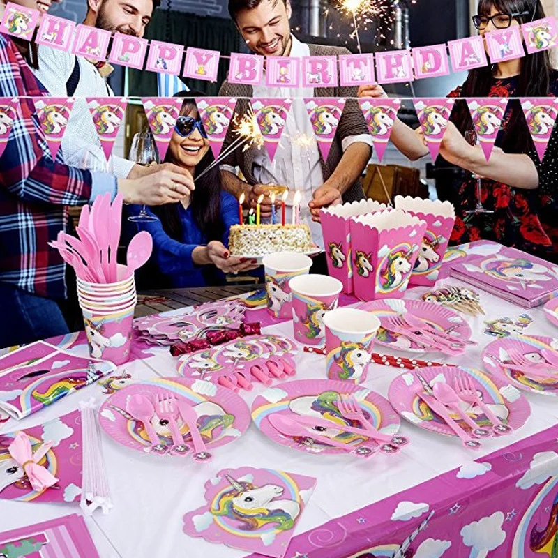 Новый Единорог товары для вечеринки розовый Радужный Декор одноразовый единорог