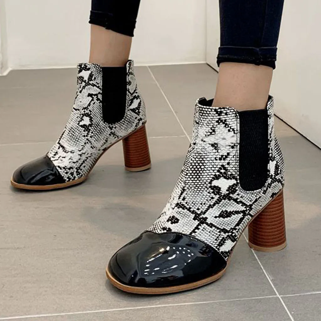 Женские ботильоны из змеиной кожи Модные слипоны на квадратном каблуке женские