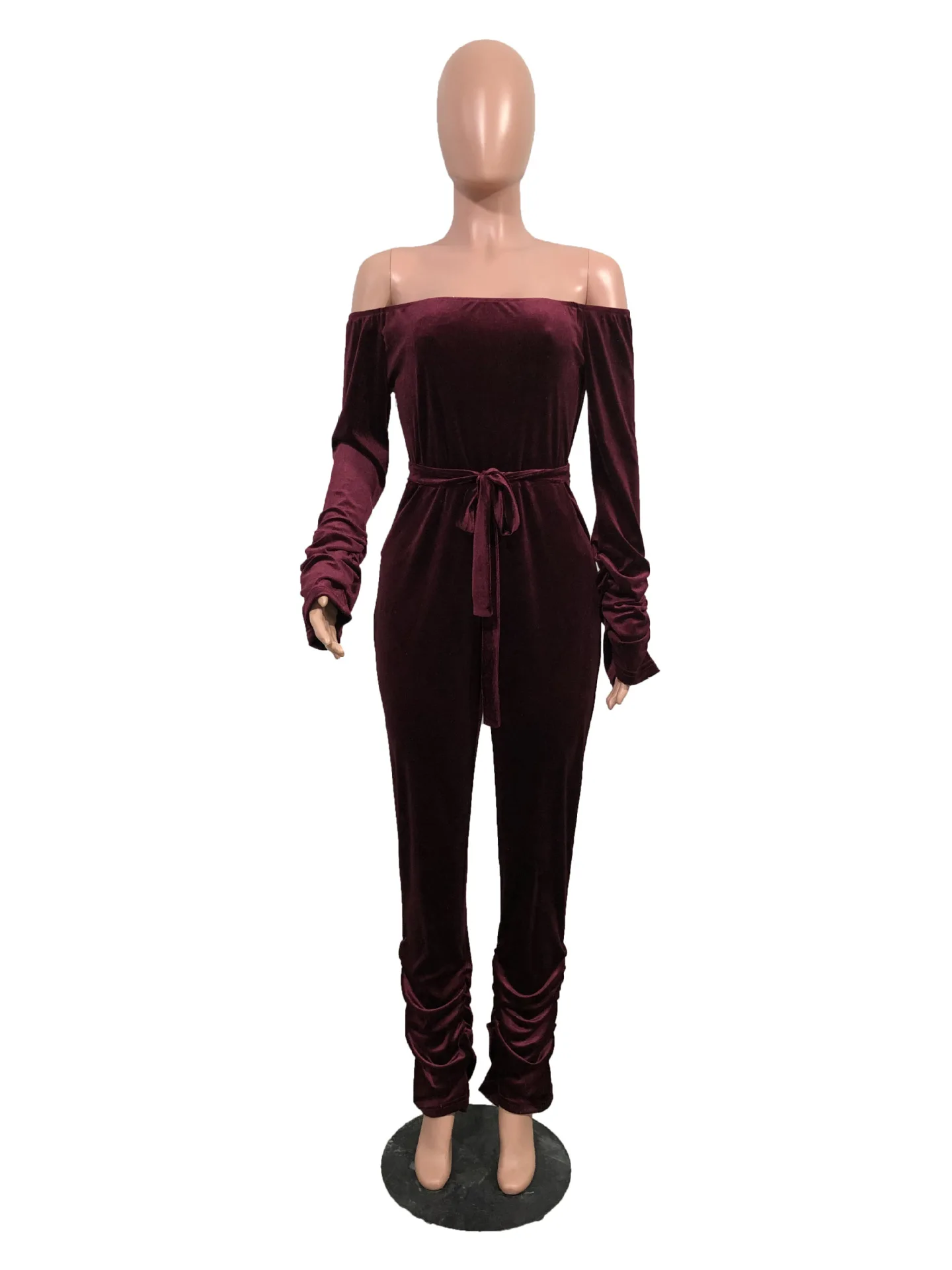 

Fall Winter Women Slash Neck Full Sleeve Corduroy Solid Jumpsuits With Lace Up Sexy Night Club Party Wear Streetwear Outfit