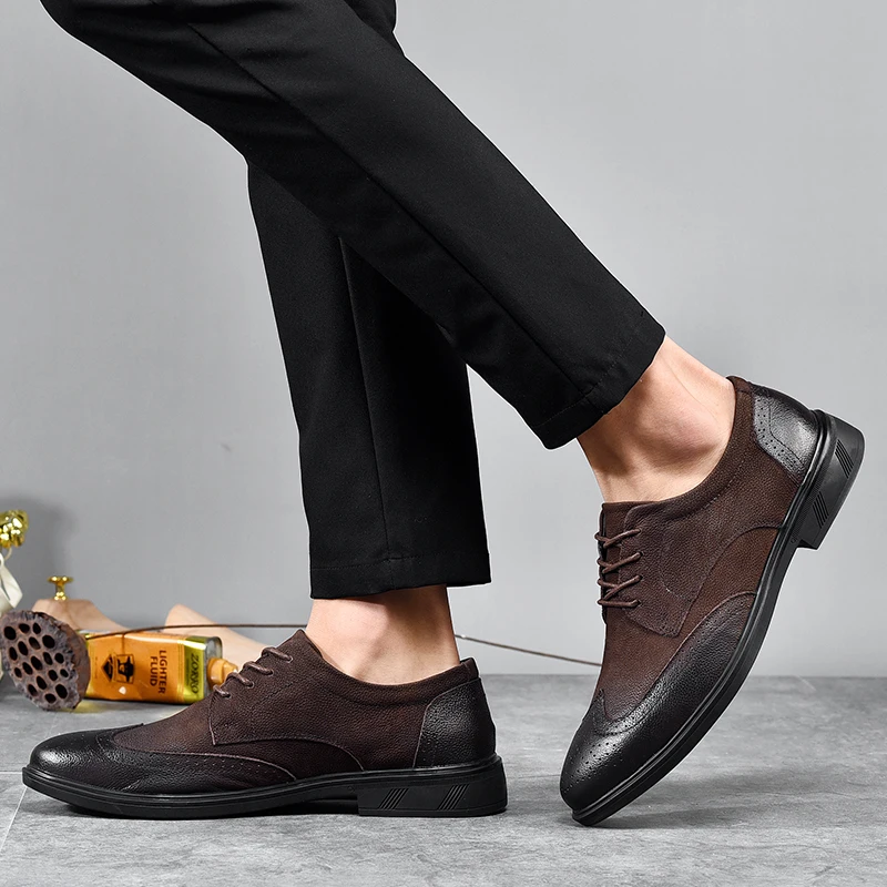 

New Retro Bullock Design Men Classic Genuine Leather Business Formal Shoes Pointed Toe leather shoes Men Oxford Dress Shoes