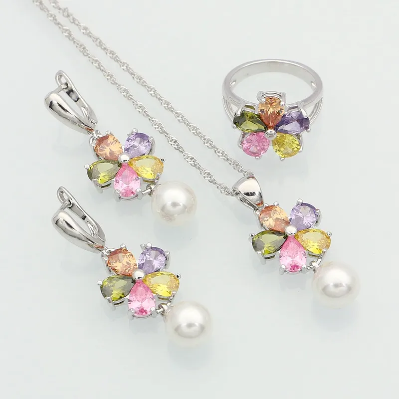 Женский комплект украшений с белым жемчугом ожерелье/серьги/Подвеска/кольцо из