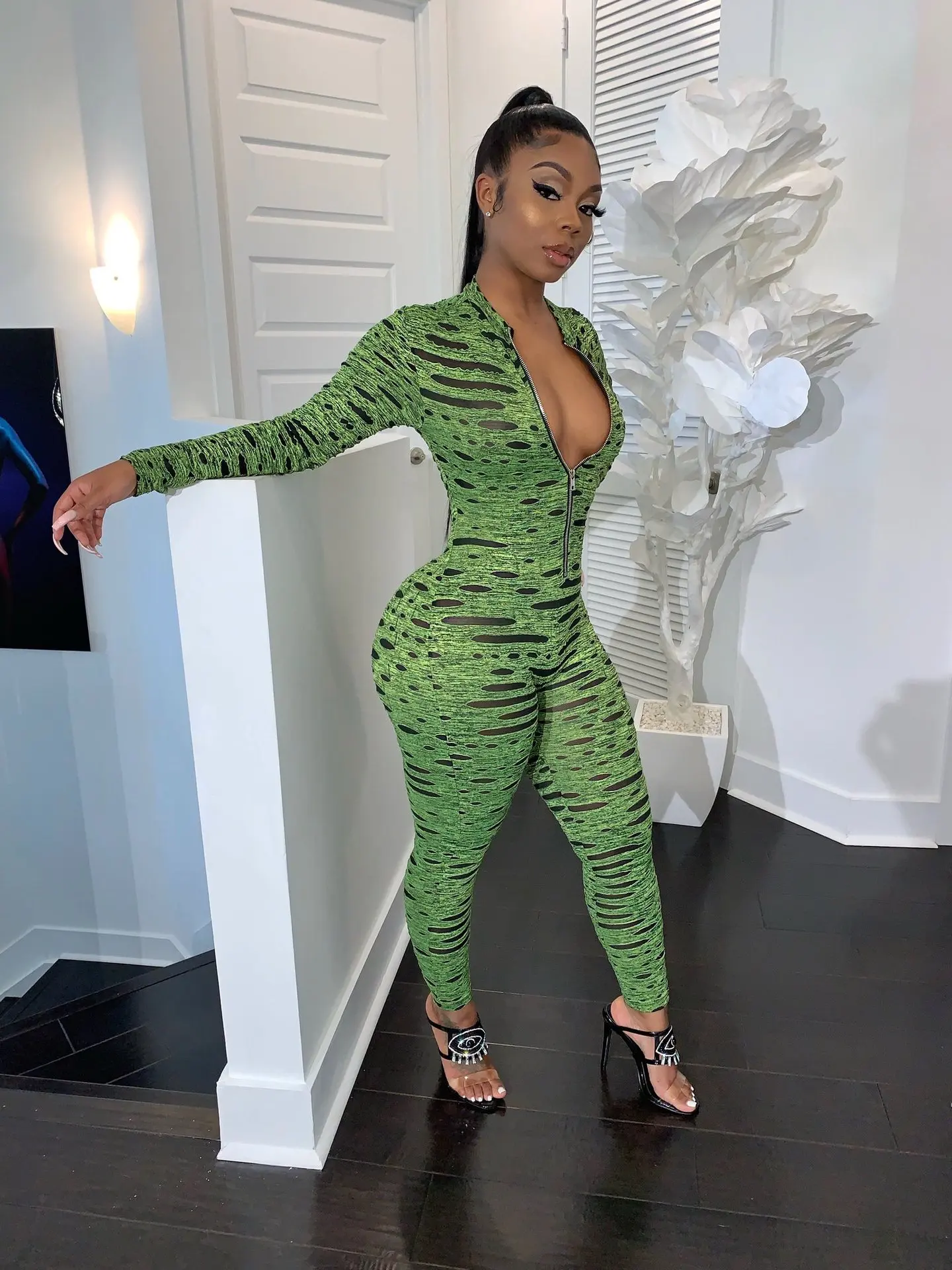 Женский Облегающий комбинезон OMSJ осенне-зимний с длинным рукавом и принтом