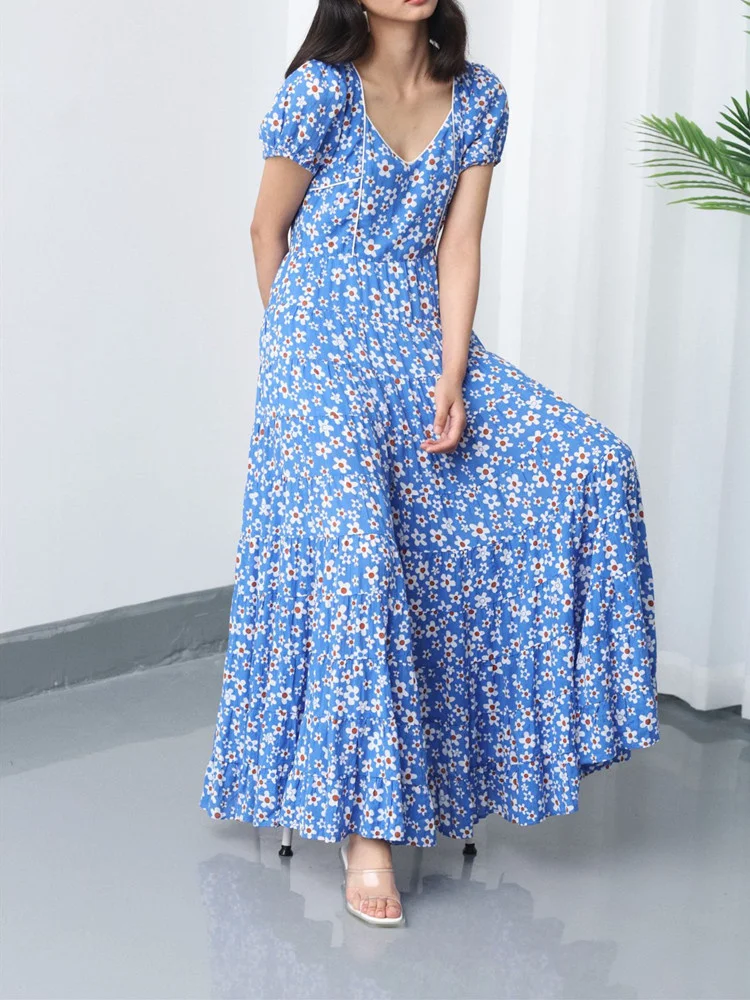 

Puff Sleeve Women Maxi Dress Blue Floral Printing V-neck Female Casual Long Dress