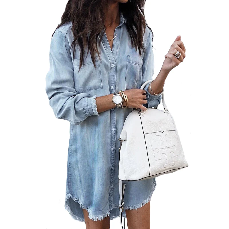 Женское повседневное джинсовое платье рубашка Дамское офисное с отложным