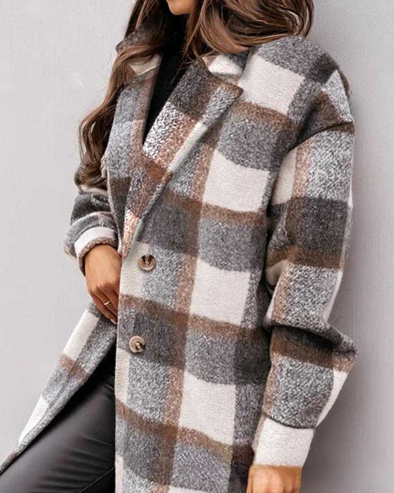 

Женское зимнее шерстяное пальто средней длины, Кардиган с длинным рукавом и принтом в клетку, с воротником-костюмом, кардиган в Корейском ст...