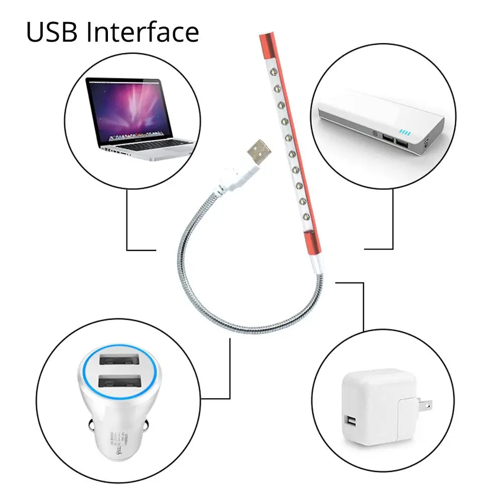 Гибкий Ультраяркий мини светильник с 10 светодиодами USB металлический корпус