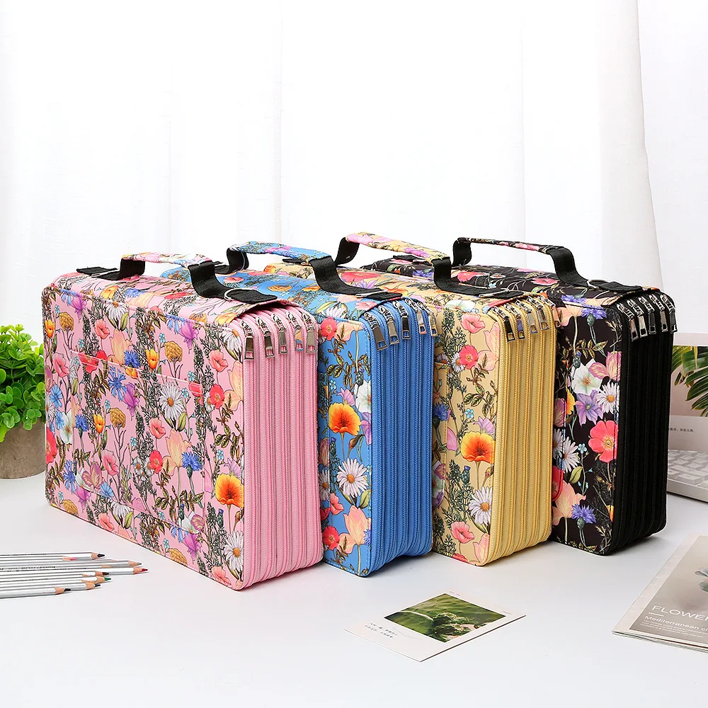 Colorful Flower Pattern 480 Slots 5 Layer Zipper Portable Shoulder Strap Polyester Pencil Case Holder Large Capacity Art Supply |