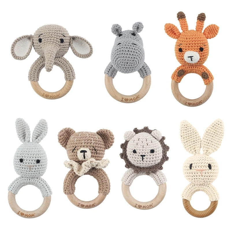 

1Pc Baby Rattle Toys Wooden Teether Crochet Pattern Rattle Rabbit Lion Fox BearToy Newborn Gift Baby Teether Crochet