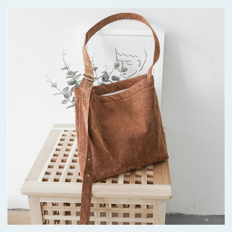 

Women's Corduroy Canvas Tote Adjustable Strap Foldable Shopping Bag Ladies' Shoulder Bag School Books Bag Eco Friendly Handbag