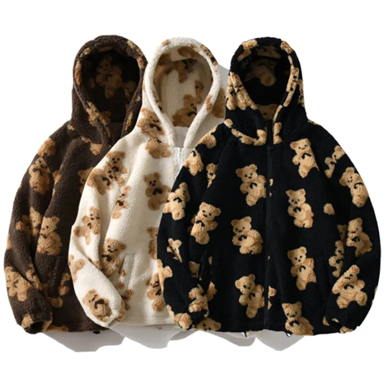 

2021 Women Fashion Casual Cute Hoodie Autumn Loose Hoodies Streetwear Thick Lambswool Bear Coat Oversized Zip Up Kawaii Outwear