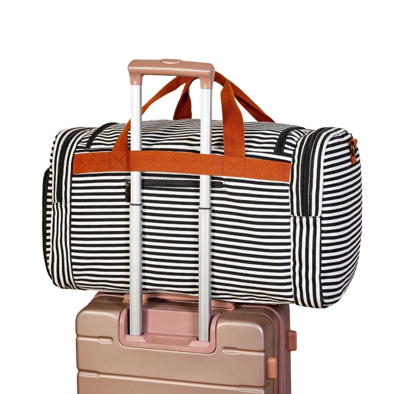 저렴한 남여 대용량 여행 가방 휴대용 핸드백 블랙 블루 스트라이프 더플 가방 캔버스 스포츠 체육관 가방 신발 포켓 XA282M