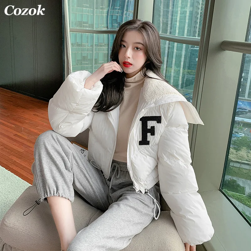 Cozok 2021 Winter Long Sleeve Lambswool Sailor Collar Short Cotton Coat Women Drawstring Jacket