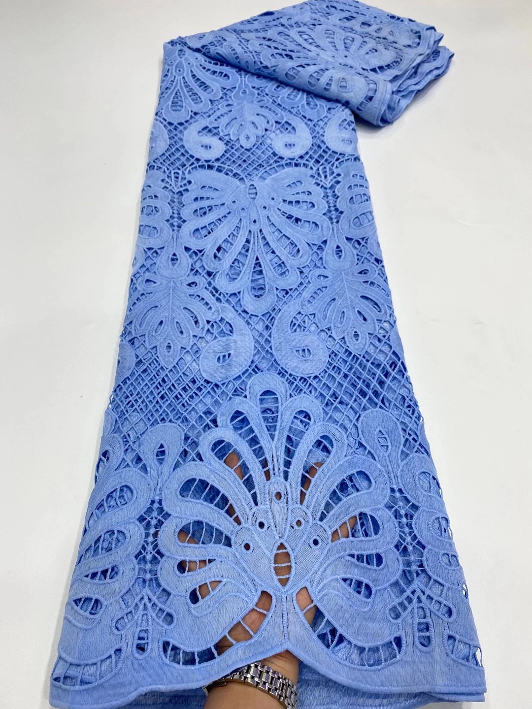 Высокое качество синего цвета в нигерийском стиле из молочного шелка кружевной
