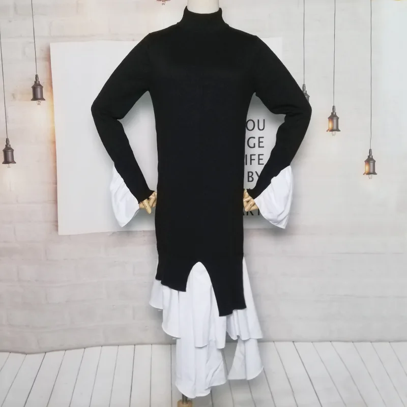 

SuperAen свитер контрастного цвета 2021 Весенние длинные вязаные платья с расклешенными рукавами и асимметричным подолом для женщин