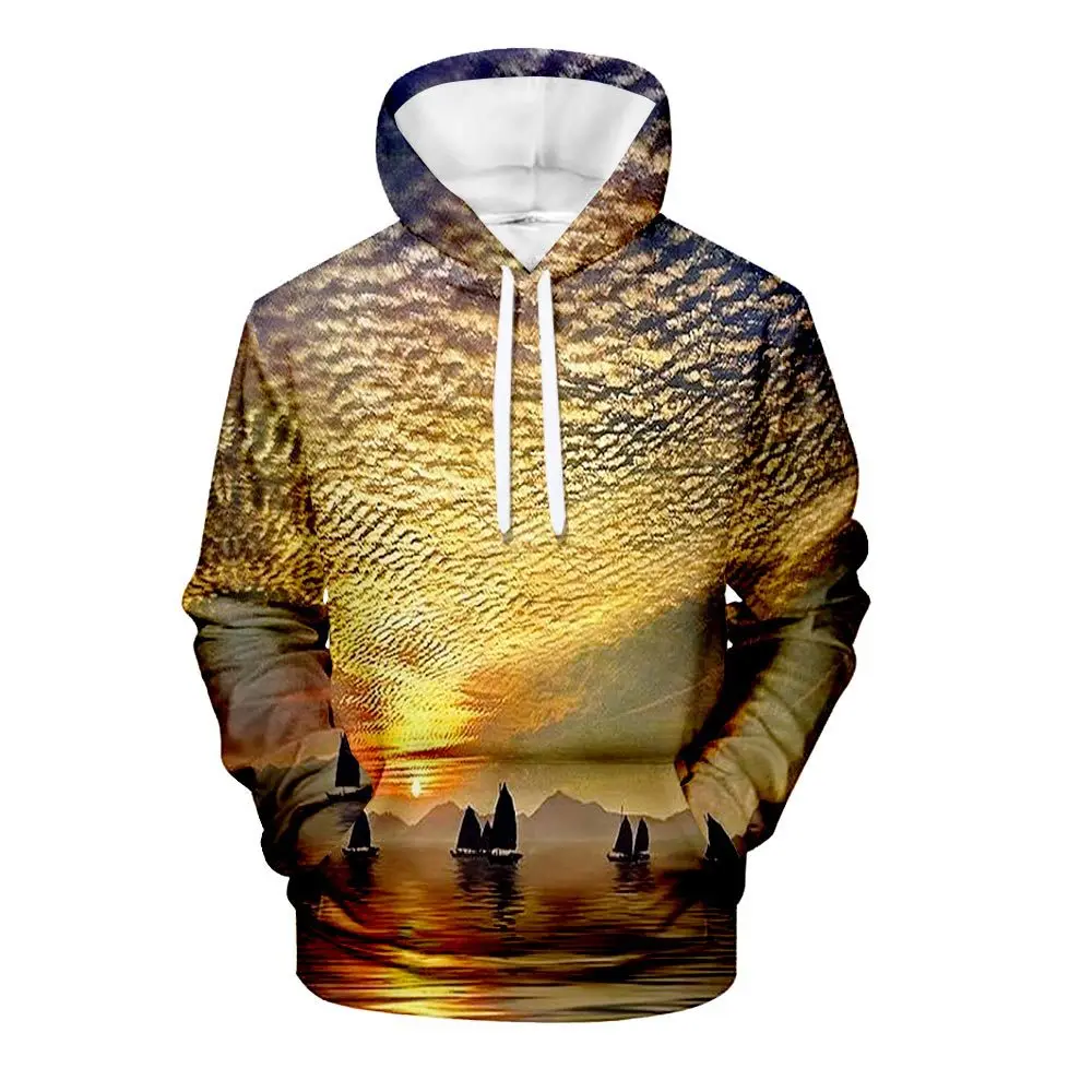 

Осень 2021, новый закат, 3D цифровая печать, мужская и женская мода, повседневные худи с длинными рукавами и карманами