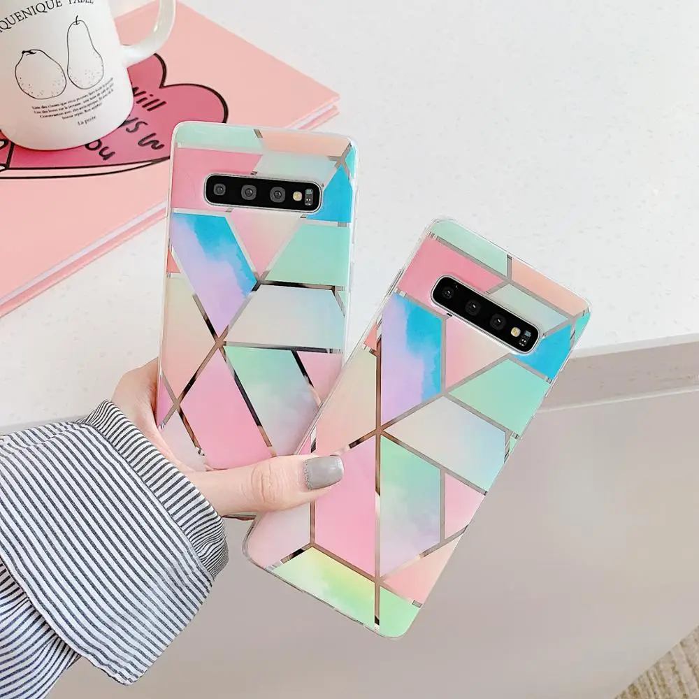 

Phone Case For Samsung Galaxy S21 A21S A42 S20 FE Note 20 A41 A51 A71 S10 Plus Electroplate Geometric Marble Soft IMD Back Cover
