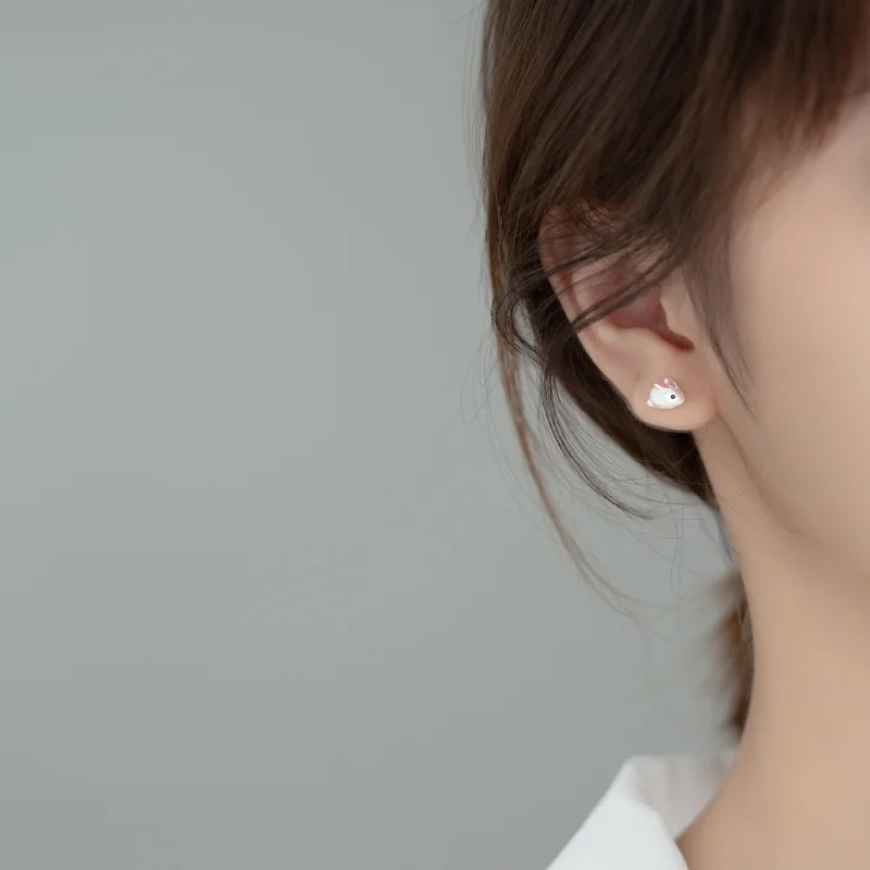 

Dreamhonor Real 925 Sterling Silver Fashion Pink Enamel Brushed Rabbit Animal Stud Earrings For Women Valentine's Day Jewelry