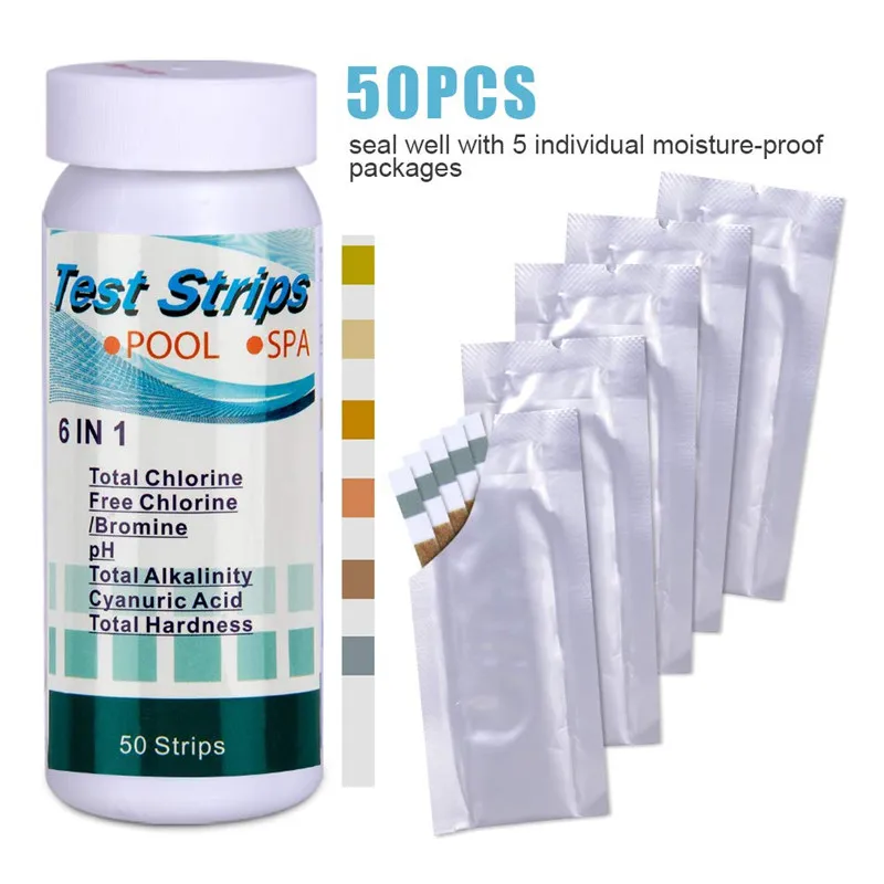 

6-In-1 Swimming Pool PH Test Paper Residual Chlorine PH Value Alkalinity Hardness Pool Test Strip Pool Cleaner Accessories 50pcs
