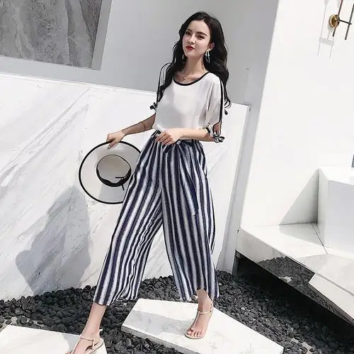 Новые летние 2019 Для женщин модные комплекты одежды в полоску из двух предметов